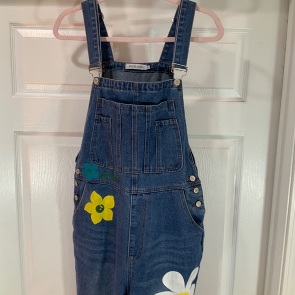 Miss Look Painted Flowers Denim Boho Overalls Size Medium - Picture 3 of 14